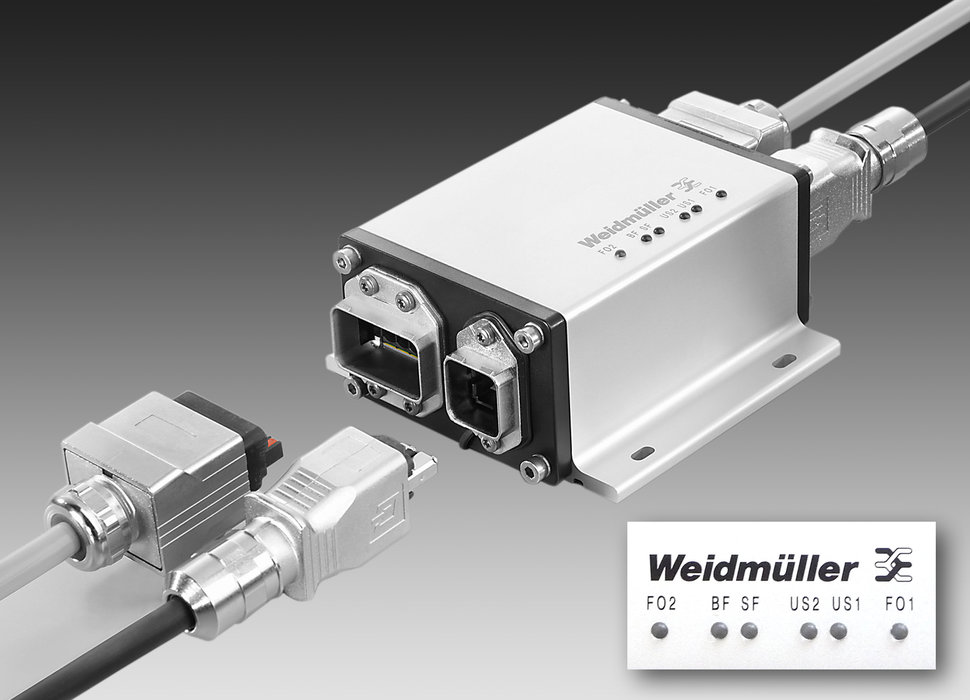  Répéteur actif FreeCon  Weidmüller : Répéteur PROFINET POF pour le diagnostic des signaux lumineux. - Conforme aux spécifications AIDA (Projet d'automation de l'industrie automobile allemande). - Outil multifonctions HTX-IE POF pour la terminaison des connecteurs SC-RJ.